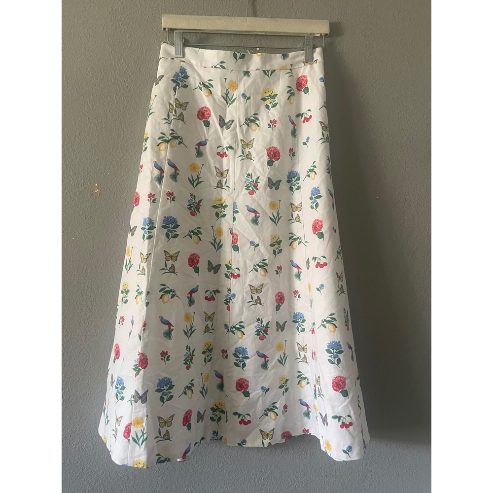 Ann Taylor Floral Butterfly Bird Print Cotton Linen Midi Skirt - Picture 2 of 5